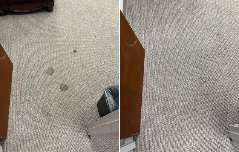 Gray looped carpet with dark round spots beside a wooden desk and bin, then the same area with the spots gone