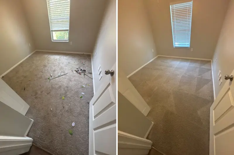 Small bedroom carpet littered with leaves, scraps and a loose rod, then the same carpet clean with fresh stripes