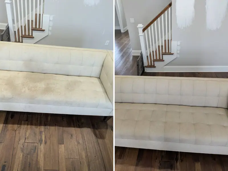 Cream tufted sofa with brown soil stains across the seat and back, then the same sofa clean and even