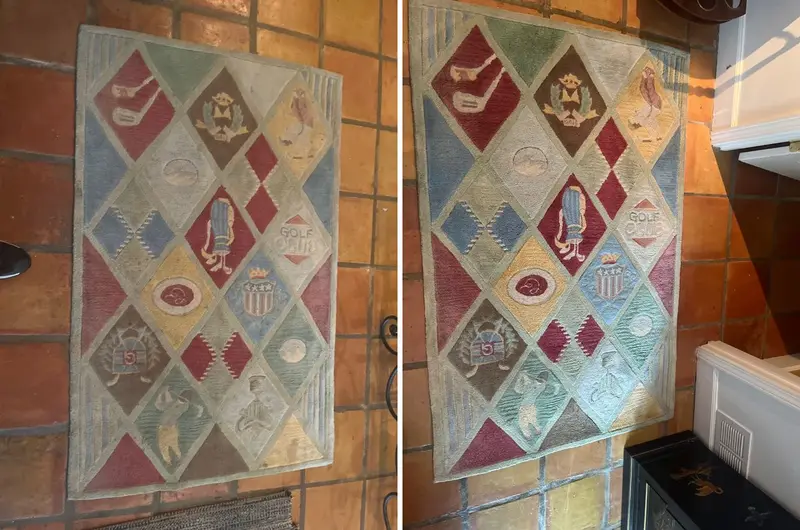 Golf-themed rug with faded, dusty colors on a terra-cotta tile floor, then the same rug with bright, clean colors