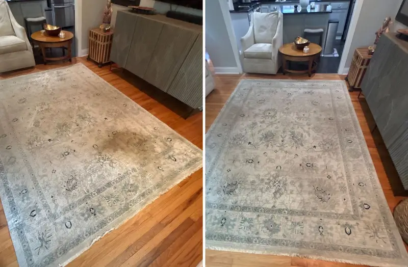 Before and after: Pale area rug with a large dark stain in the middle, then the same rug with the stain gone