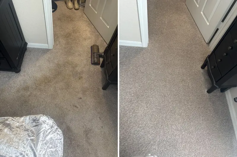 Before and after: Beige carpet by a closet door with a large brown soiled patch and drips, then the same spot clean and even