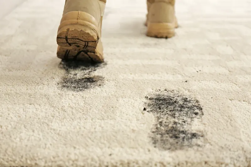 Boots tracking dirt and grit onto Birmingham home carpet — the dry soil our HEPA pre-vacuum removes before water touches a fiber