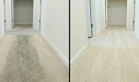 Heavy hallway traffic lane in a Birmingham home before and after LocalPro low-moisture cleaning