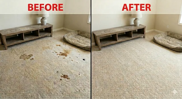 Before and after: pet urine stain neutralized at the carpet pad in a Birmingham AL home — no padding replacement needed.