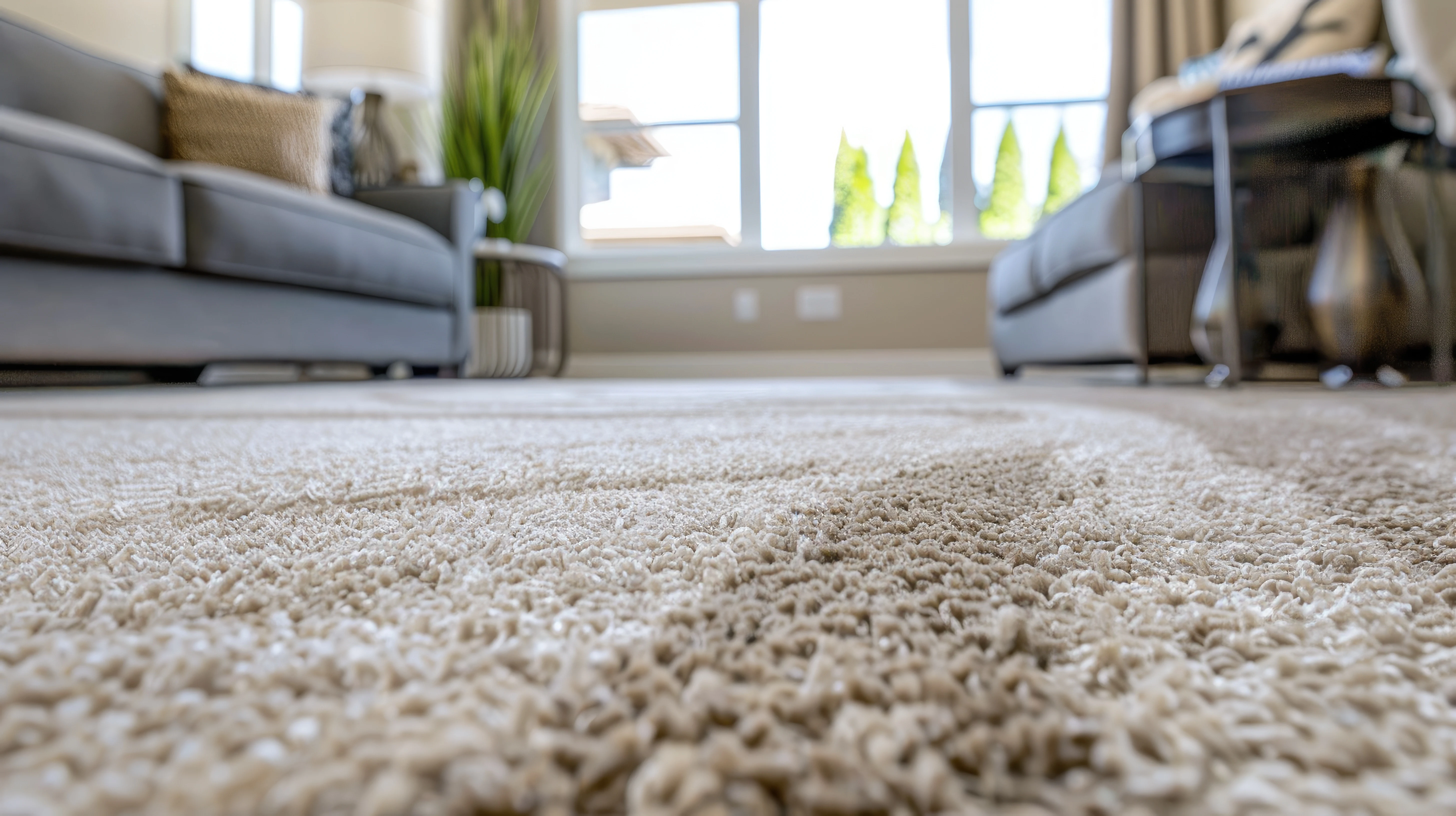 Close-up of a freshly cleaned, allergen-reduced cream carpet in a bright Birmingham living room