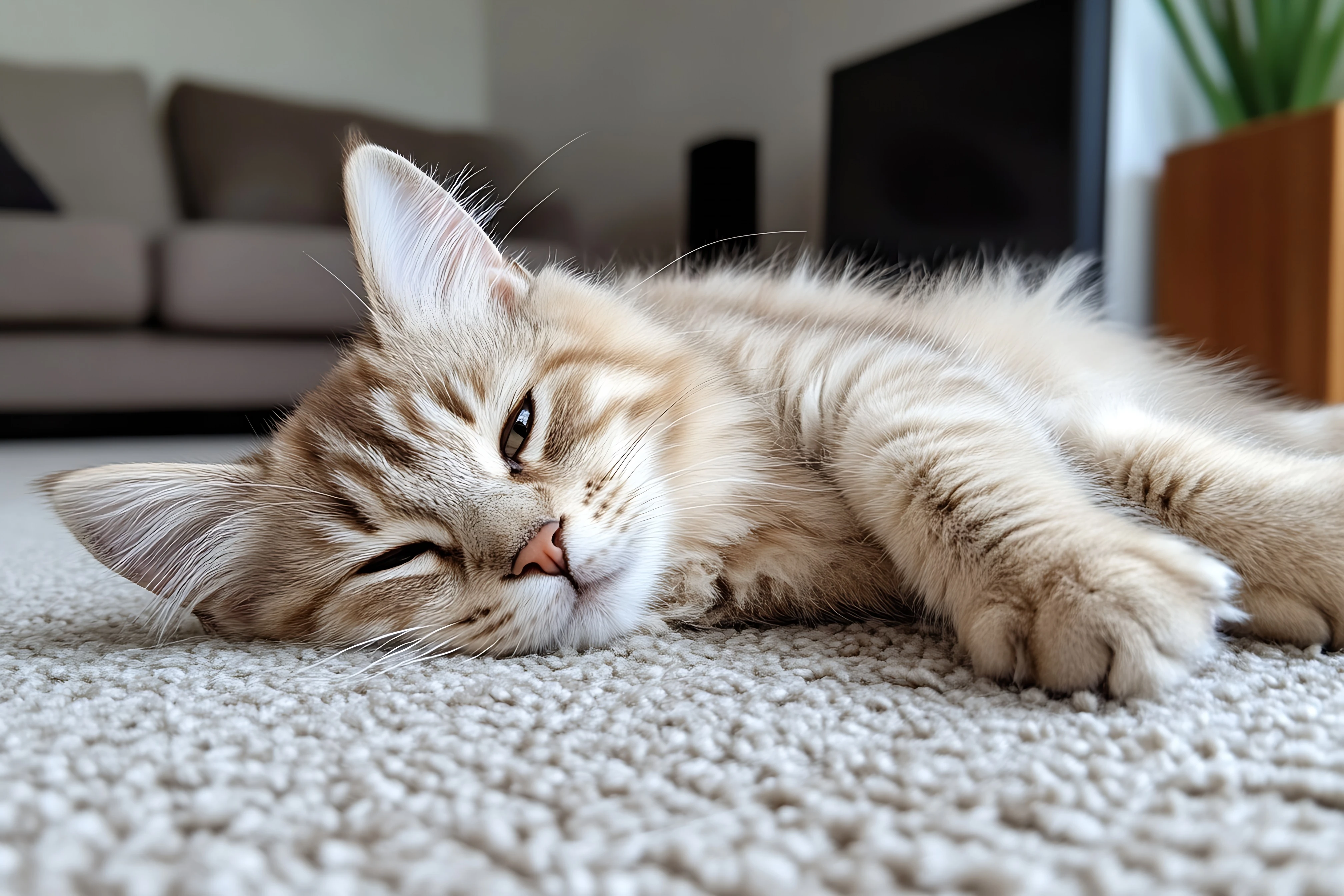 Cat resting peacefully on a freshly cleaned carpet — enzyme treatment digests urine compounds at the fiber level