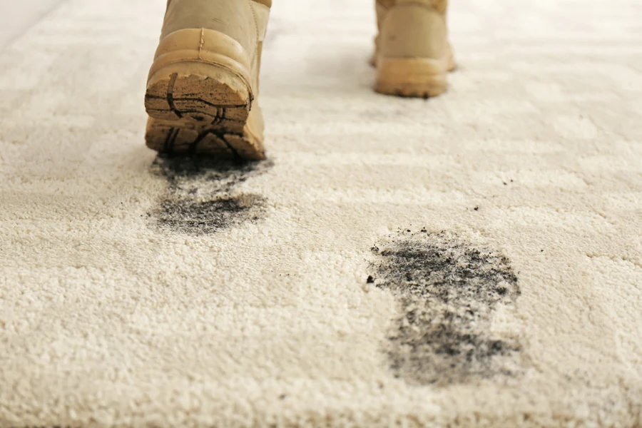 Boots tracking dirt and grit onto Birmingham home carpet — the dry soil our HEPA pre-vacuum removes before water touches a fiber