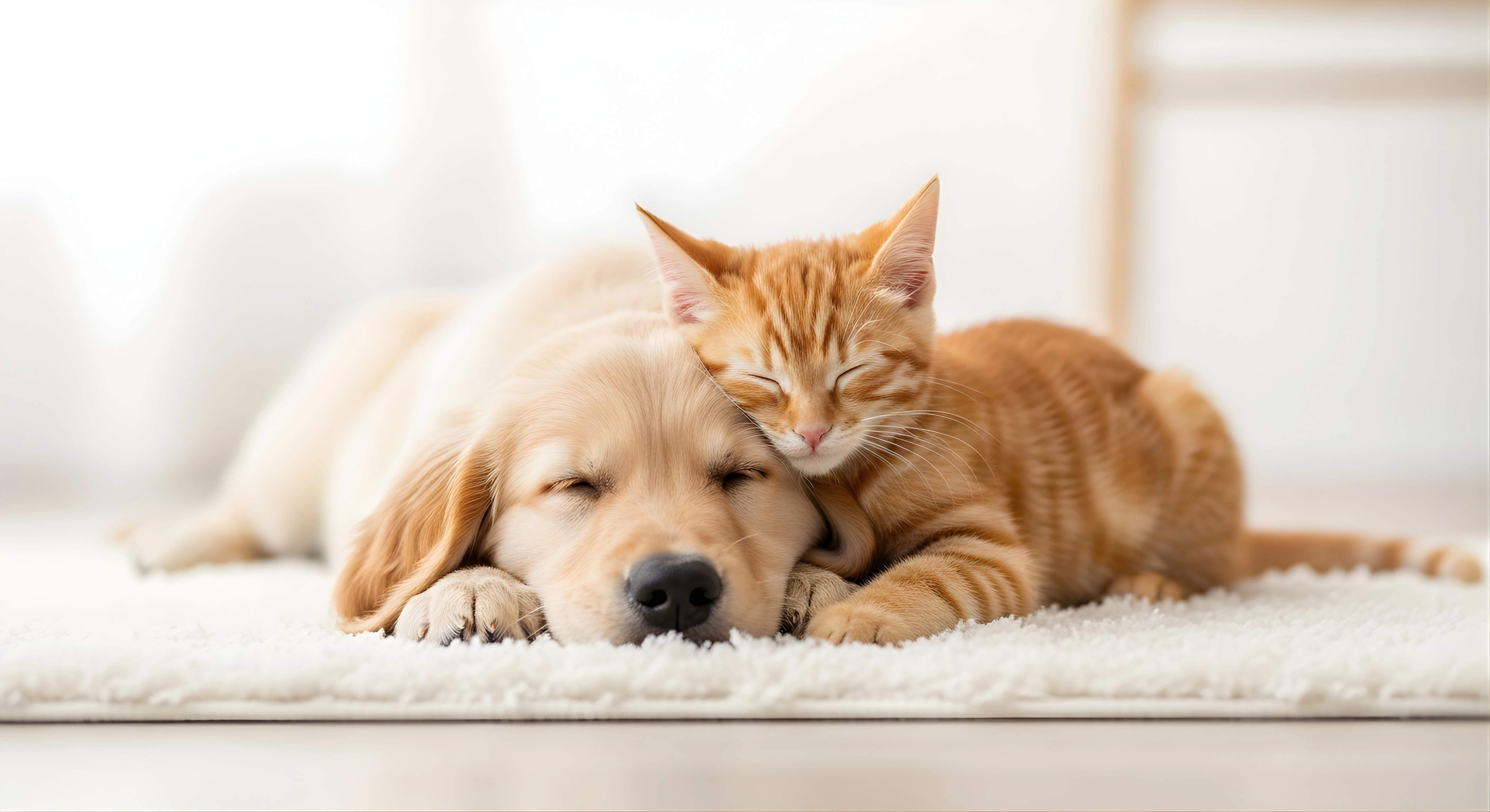 Golden retriever puppy and ginger tabby cat napping together on a freshly cleaned Birmingham carpet — pet-safe, non-toxic enzyme treatment that's gentle on the whole family
