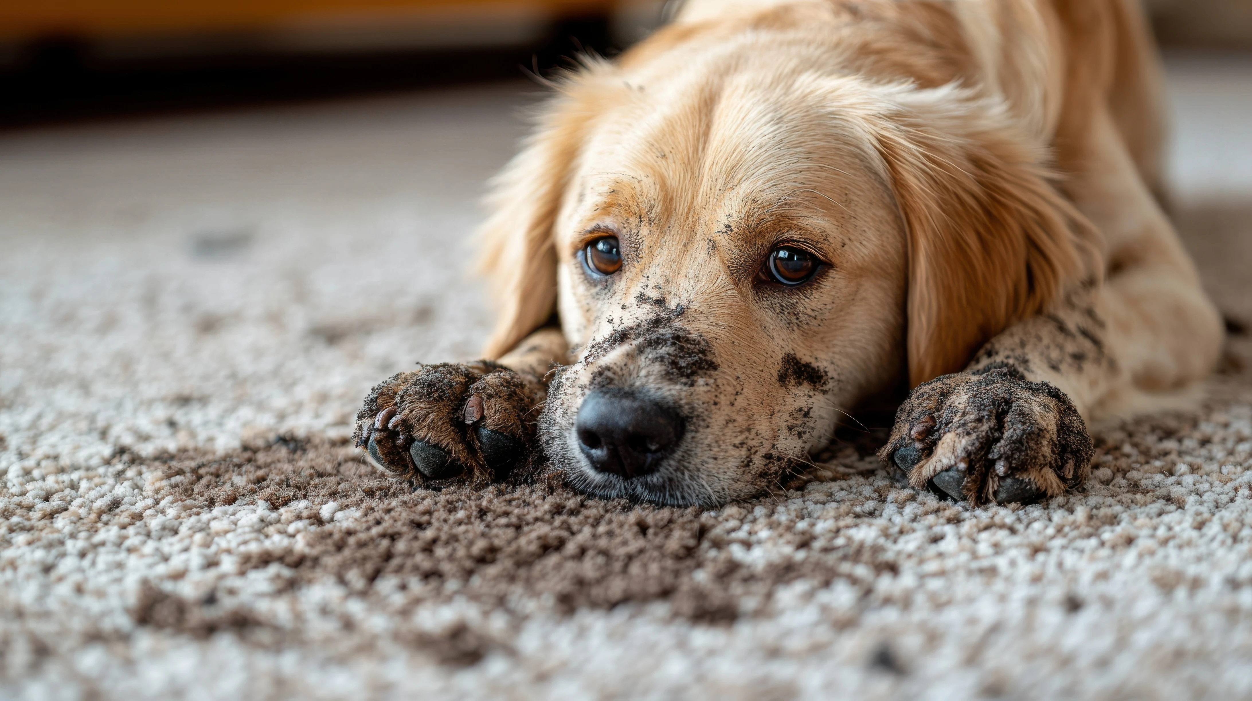 Golden retriever with muddy paws on a Birmingham carpet — exactly the kind of mess our pet odor treatment handles