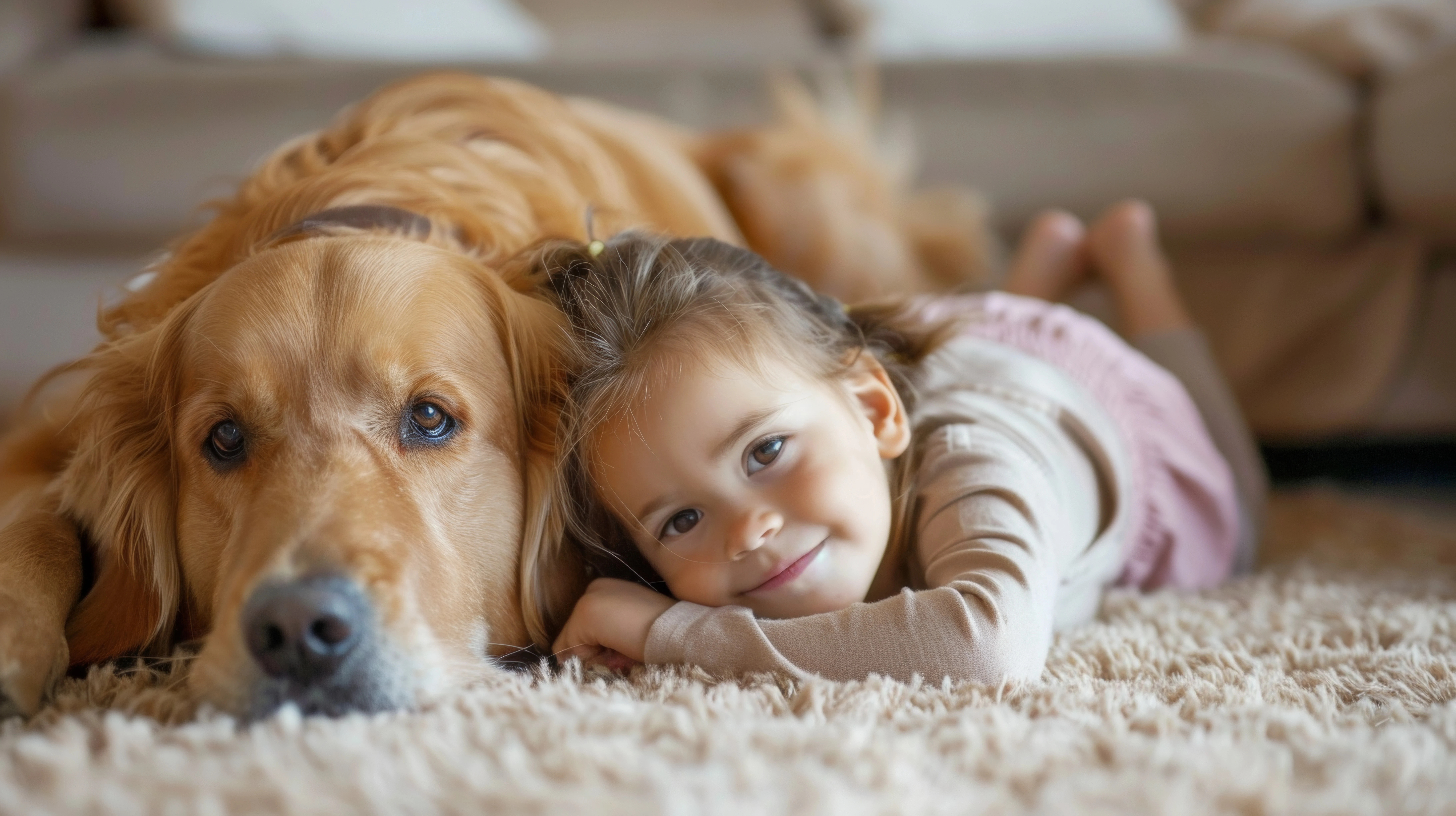 Young Birmingham girl cuddling with her golden retriever on a freshly cleaned carpet — kid- and pet-safe formulas, walkable as soon as the carpet is dry.