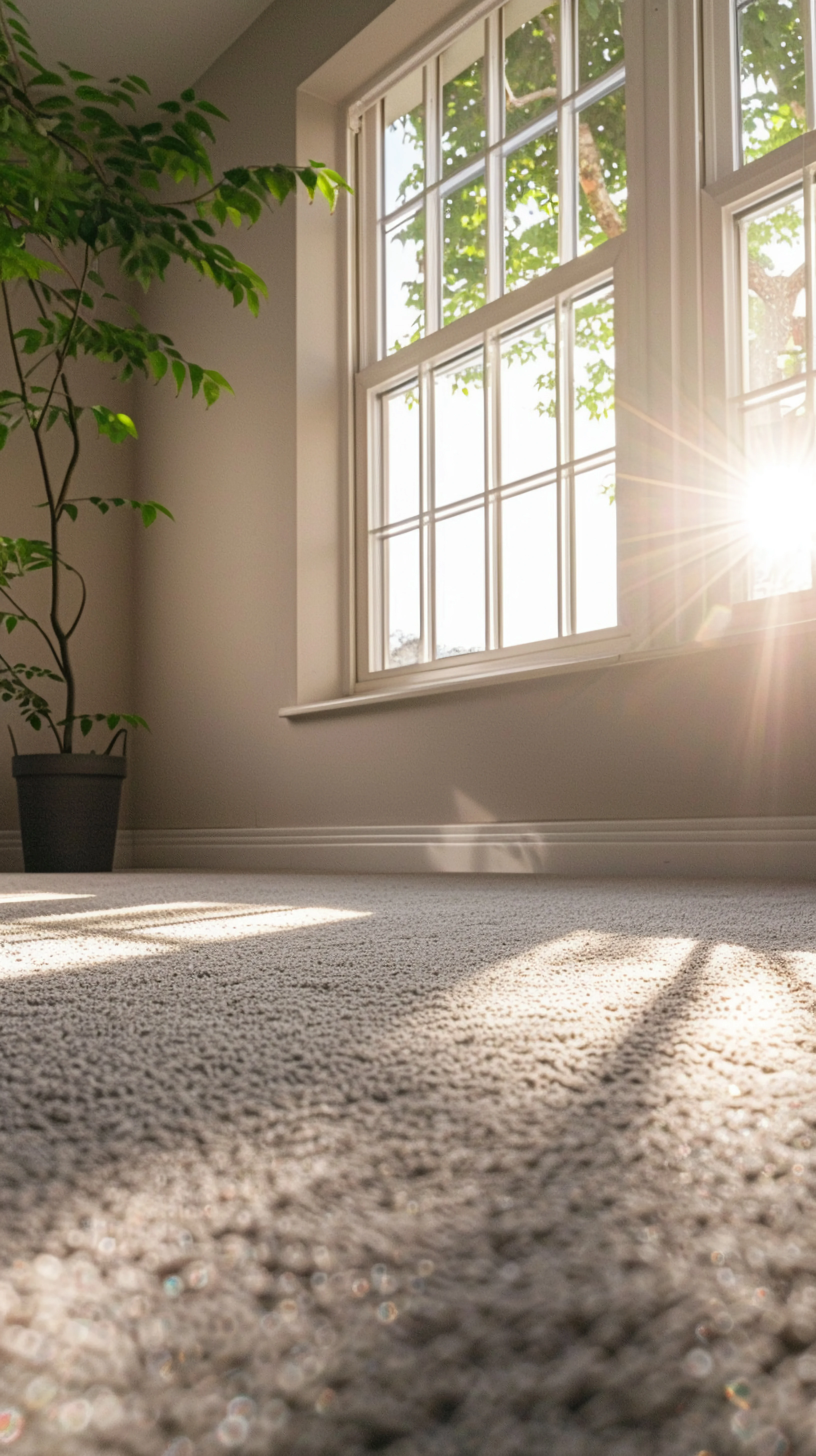 Sunlit Birmingham living room with a freshly cleaned carpet — cleaner carpet, cleaner indoor air