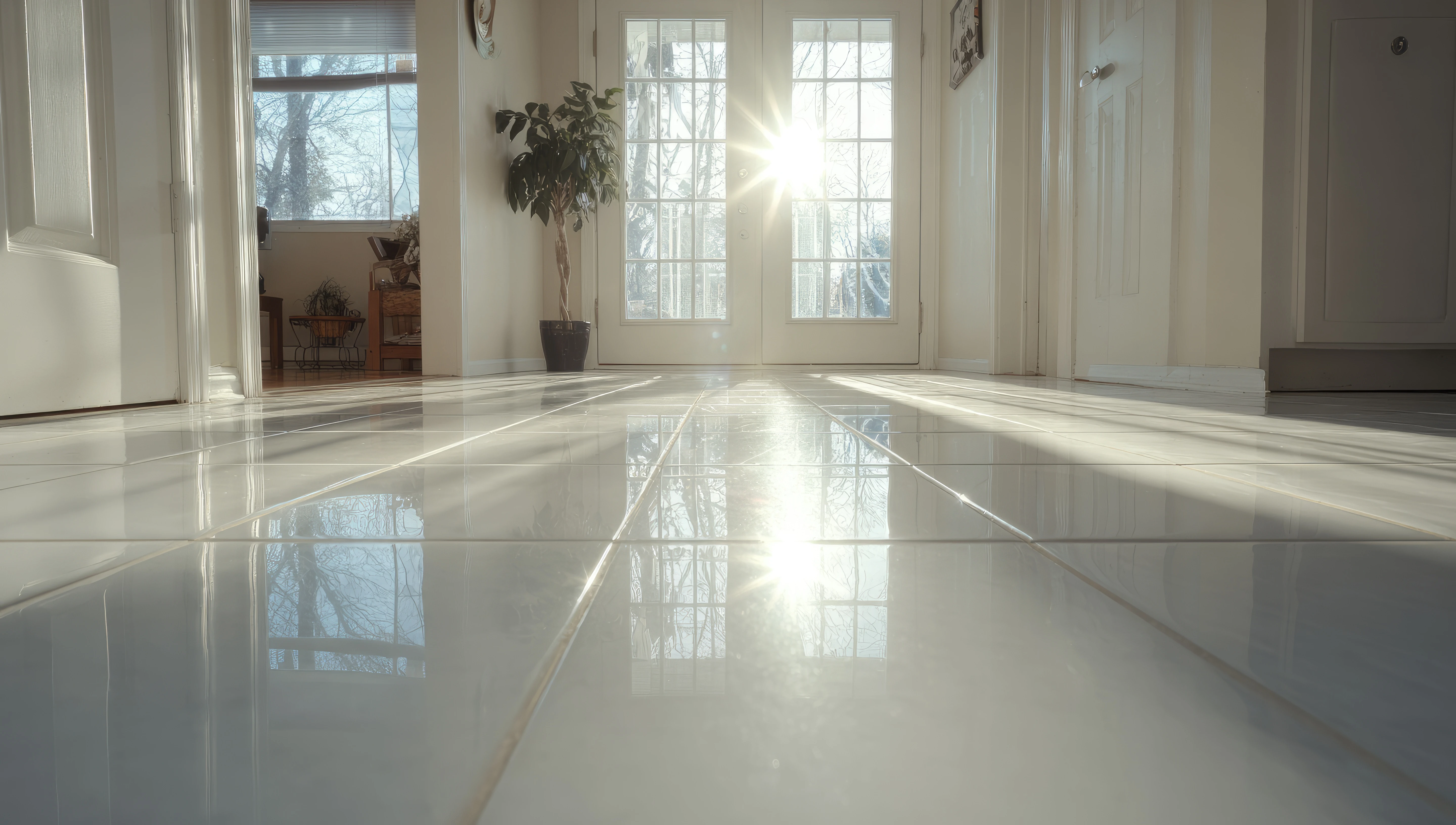 Glossy restored tile floor in a sunlit Birmingham entryway — grout looks like the day it was installed
