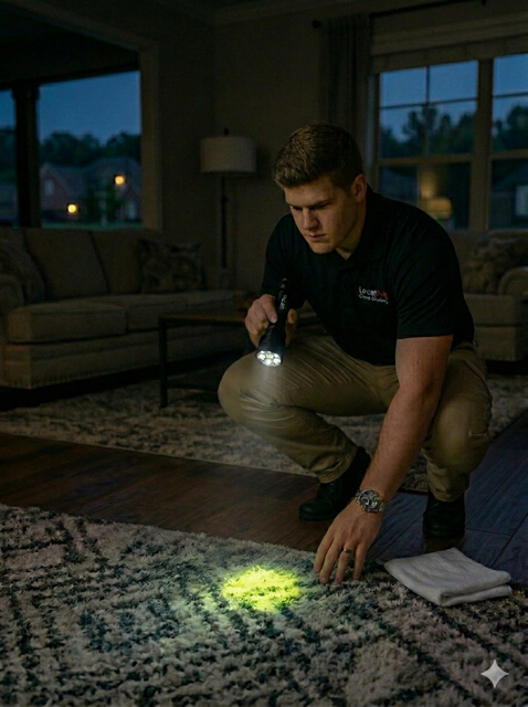 LocalPro technician using a UV black-light flashlight to reveal a hidden pet urine stain glowing on a carpet in a dim Birmingham living room