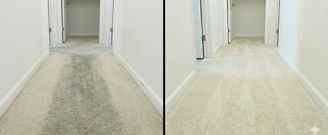 Heavy hallway traffic lane in a Birmingham home before and after LocalPro low-moisture cleaning